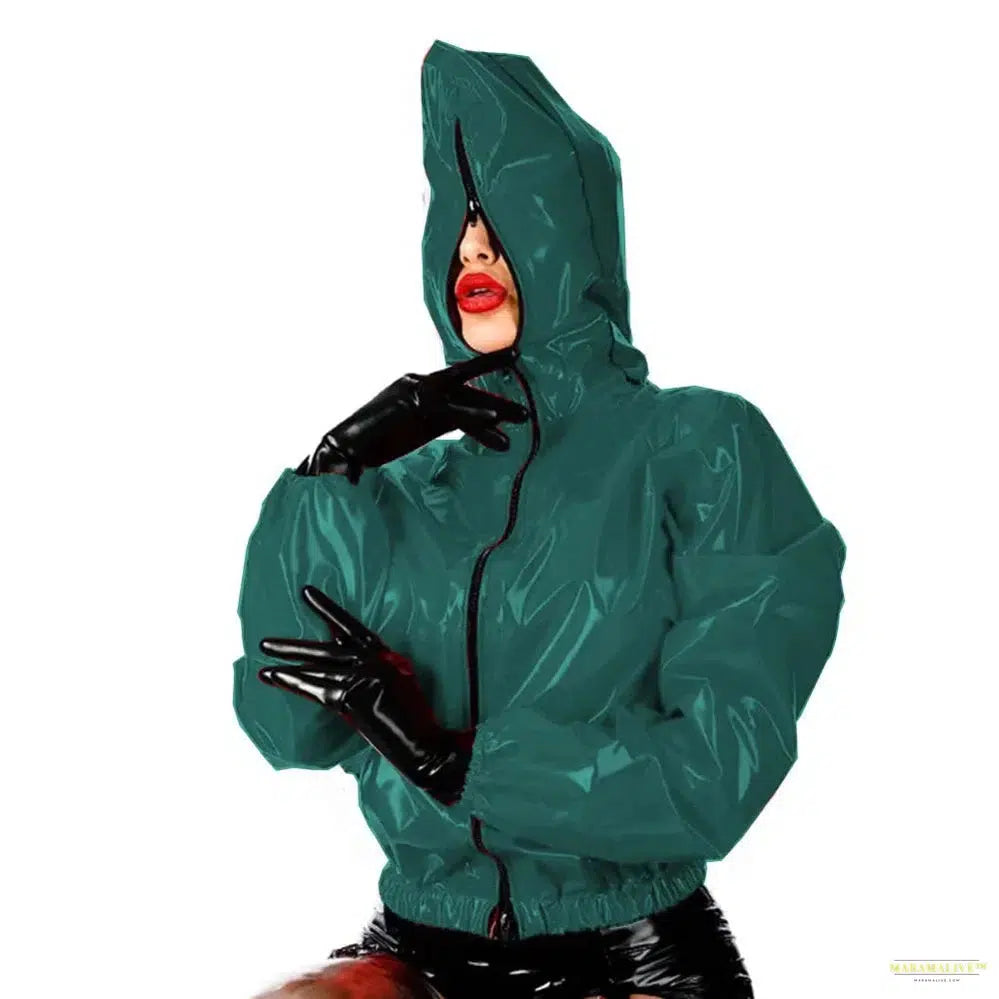 Maramalive Faux Leather PVC Hoodie: Casual Zippered Punk Style Long Sleeve Top for College and Fashion Size Plus Rubber