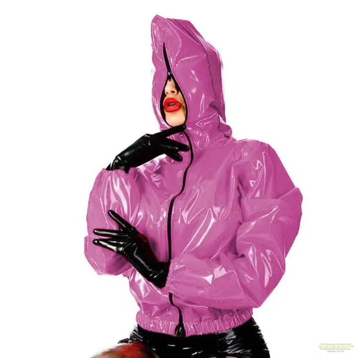 Maramalive Faux Leather PVC Hoodie: Casual Zippered Punk Style Long Sleeve Top for College and Fashion Size Plus Rubber