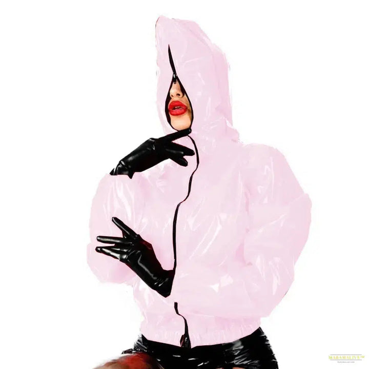 Maramalive Faux Leather PVC Hoodie Jacket Casual Zippered Punk Style Long Sleeve Top Rubber Material Plus Size Available