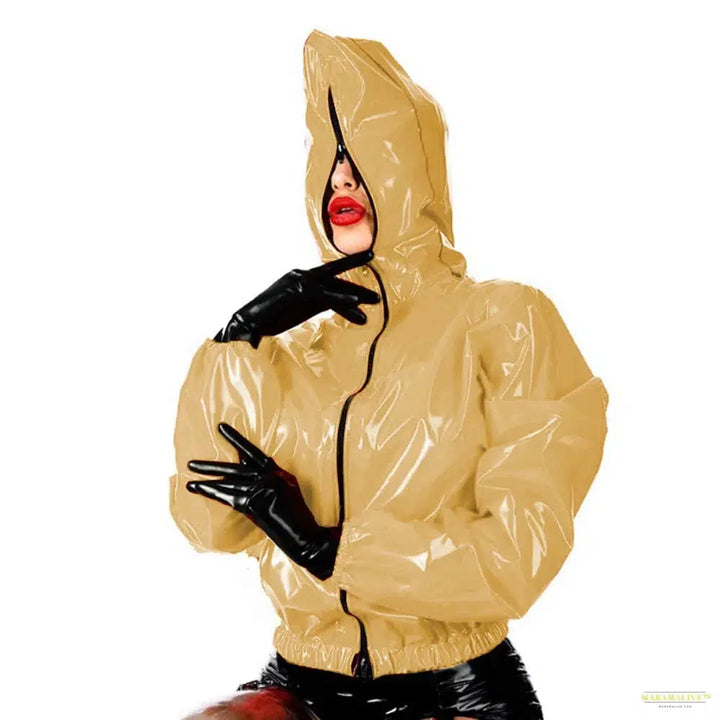 Maramalive Faux Leather PVC Hoodie Jacket Casual Zippered Punk Style Long Sleeve Top for College Fashion Outwears in Plus Size Rubber