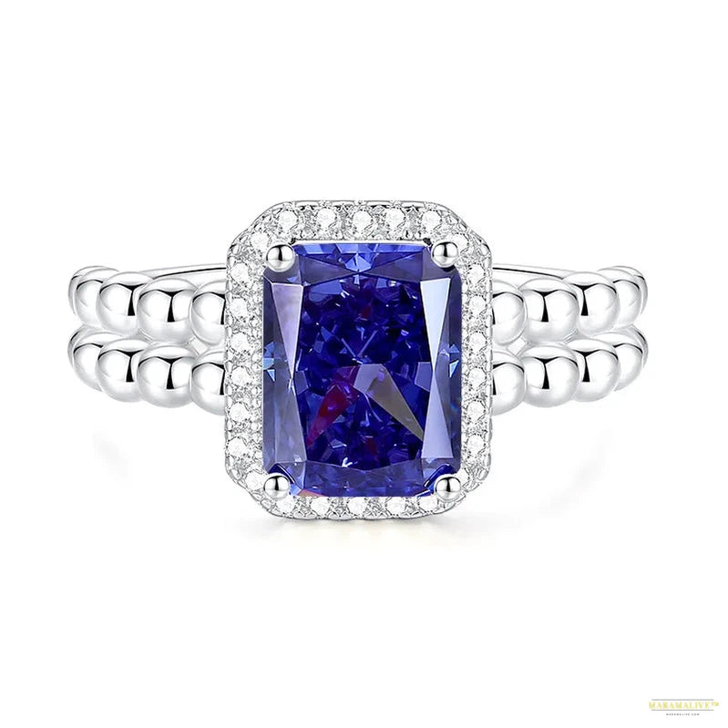 Maramalive™ 100% 925 Sterling Silver Crushed Ice Cut Tanzanite High Carbon Diamond Gemstone Wedding Rings Engagement Fine Jewelry