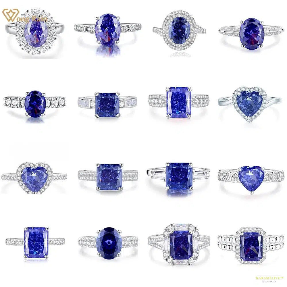 Maramalive™ 100% 925 Sterling Silver Crushed Ice Cut Tanzanite High Carbon Diamond Gemstone Wedding Rings Engagement Fine Jewelry