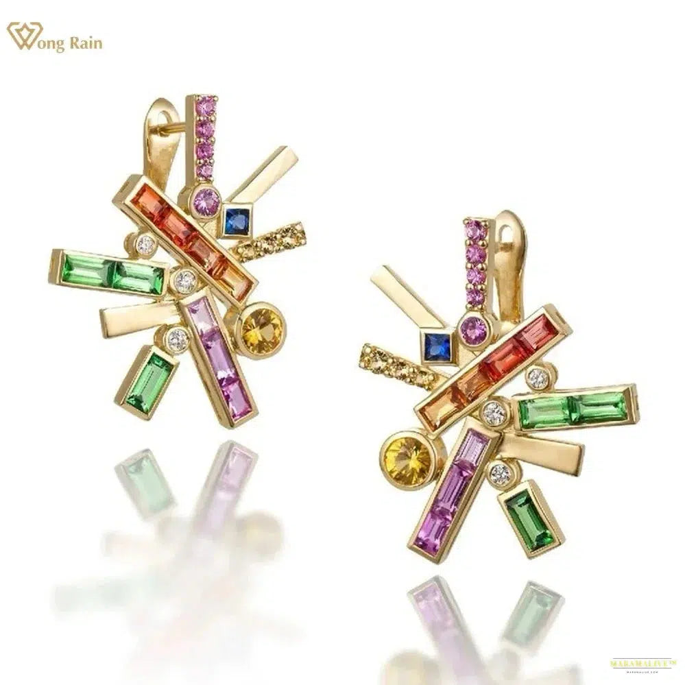 Maramalive™ 18K Gold Plated 925 Sterling Silver Pass Test Sapphire Gemstone Colorful Ear Studs Earrings Fine Jewelry