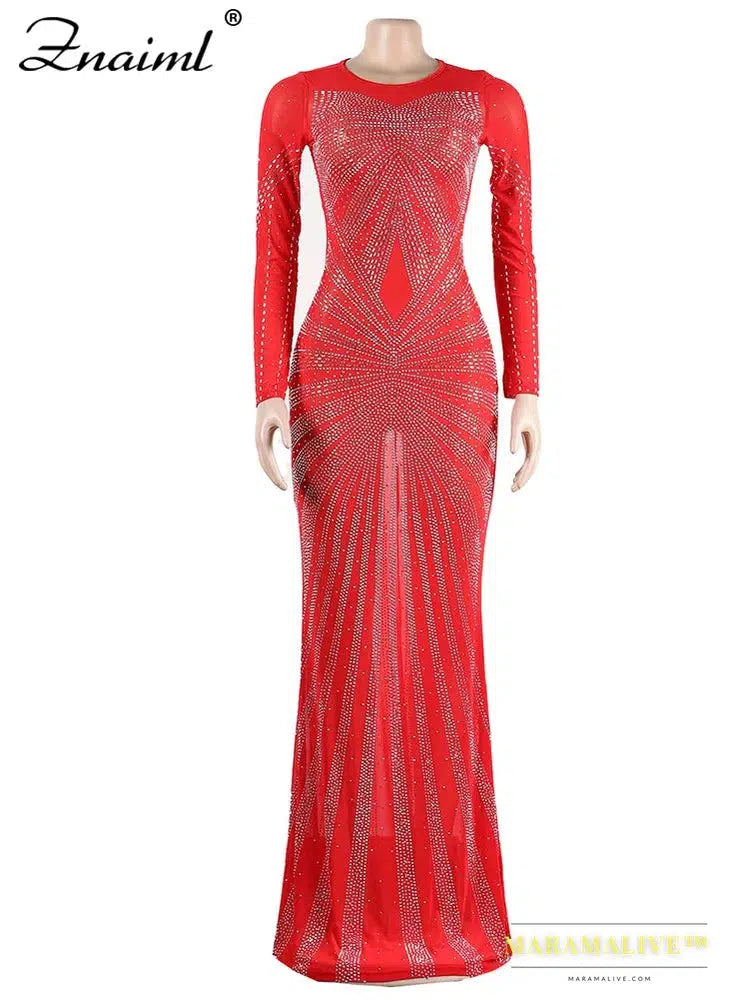 Maramalive™ 2023 Luxury Sparkly Women Crystal Rhinestone Mermaid Evening Dresses Female Elegant Birthday Party Gown Mesh Maxi Dress