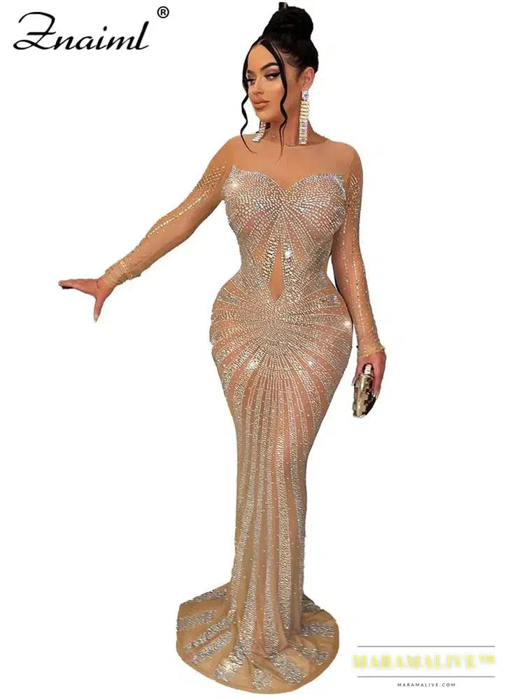 Maramalive™ 2023 Luxury Sparkly Women Crystal Rhinestone Mermaid Evening Dresses Female Elegant Birthday Party Gown Mesh Maxi Dress