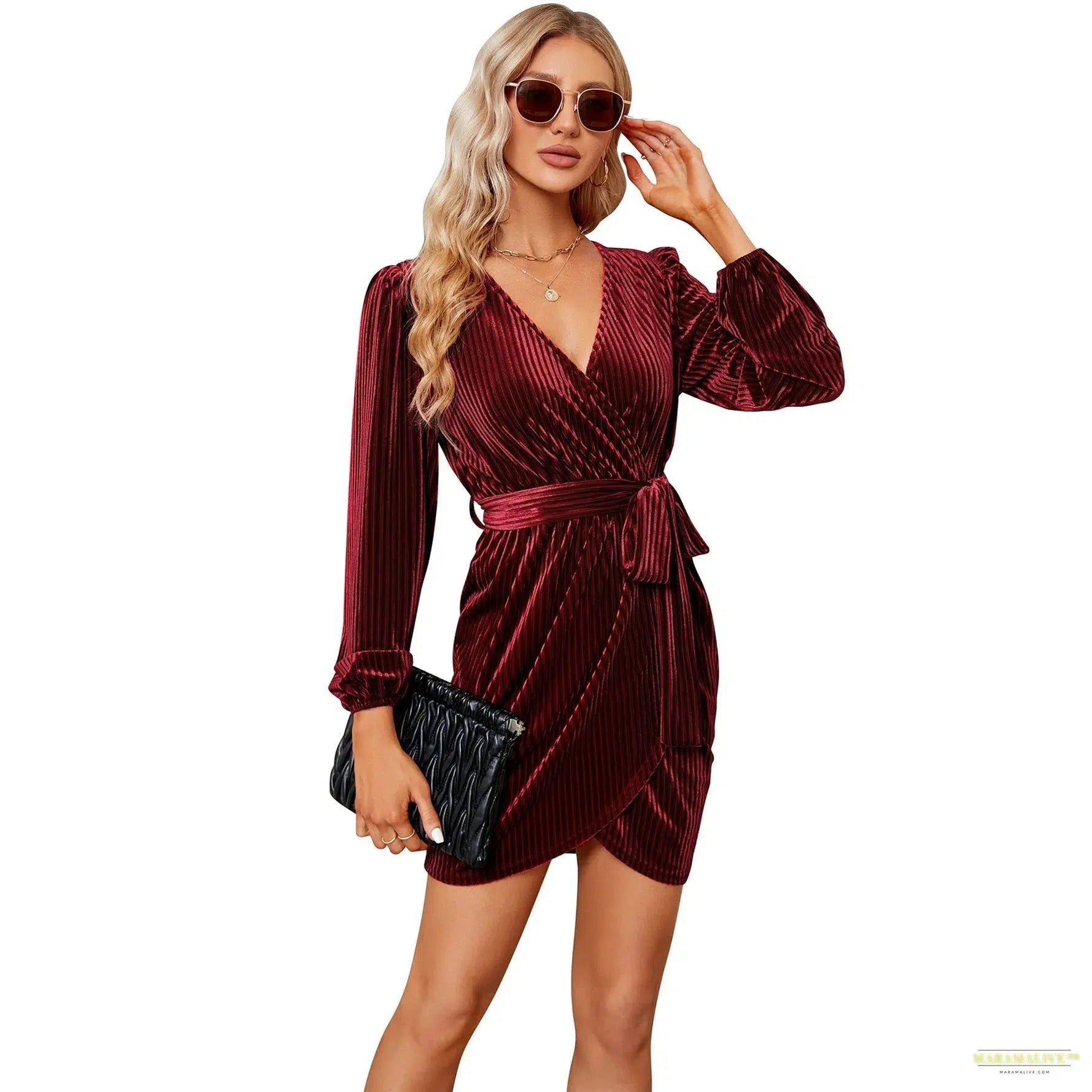 Maramalive™ 2024 Spring Autumn Women Dress V-neck Long Sleeved Velvet Dress Female Belt Irregular Fork Cocktail Club Dress Evening Dress