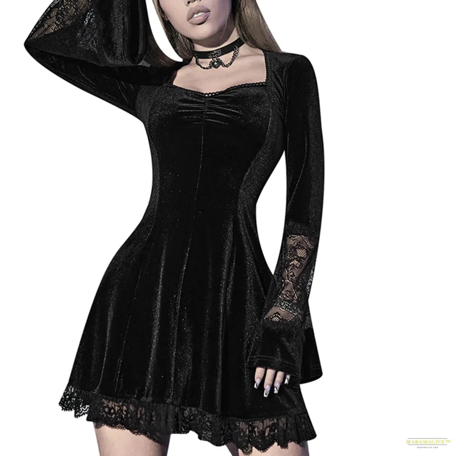 Maramalive™ Black Velvet Vintage Gothic Dress E-girl Grunge Party Lace Trim Mini Dress 90s Emo Punk Harajuku Dresses Goth Clothes