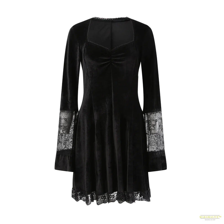 Maramalive™ Black Velvet Vintage Gothic Dress E-girl Grunge Party Lace Trim Mini Dress 90s Emo Punk Harajuku Dresses Goth Clothes