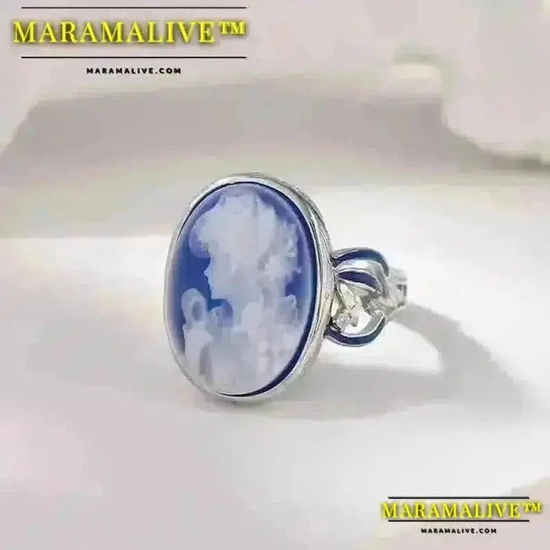 Maramalive™ Cameo Rings for Women Natural Blue Agate Girl's Face White Shell S925 Sterling Silver Oval Finger Ring Statement Jewelry