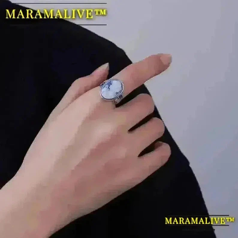 Maramalive™ Cameo Rings for Women Natural Blue Agate Girl's Face White Shell S925 Sterling Silver Oval Finger Ring Statement Jewelry