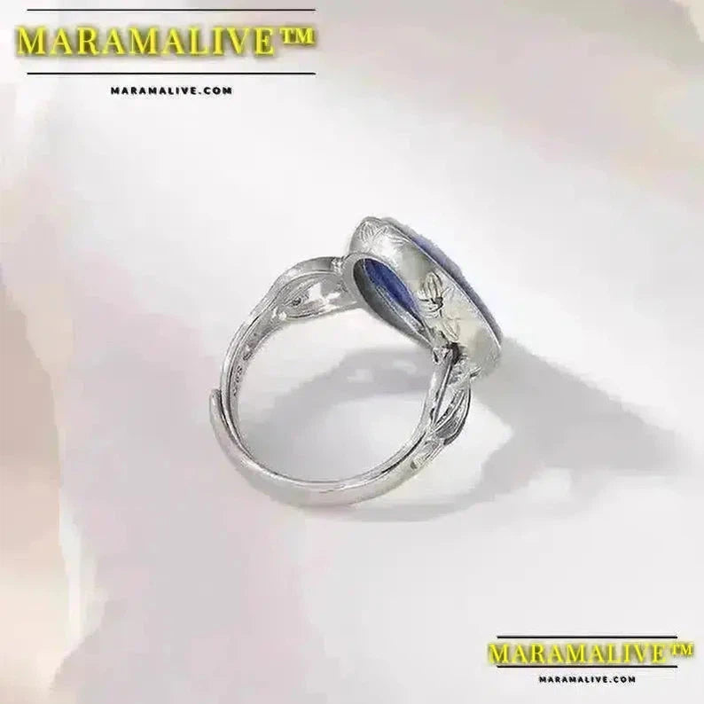 Maramalive™ Cameo Rings for Women Natural Blue Agate Girl's Face White Shell S925 Sterling Silver Oval Finger Ring Statement Jewelry