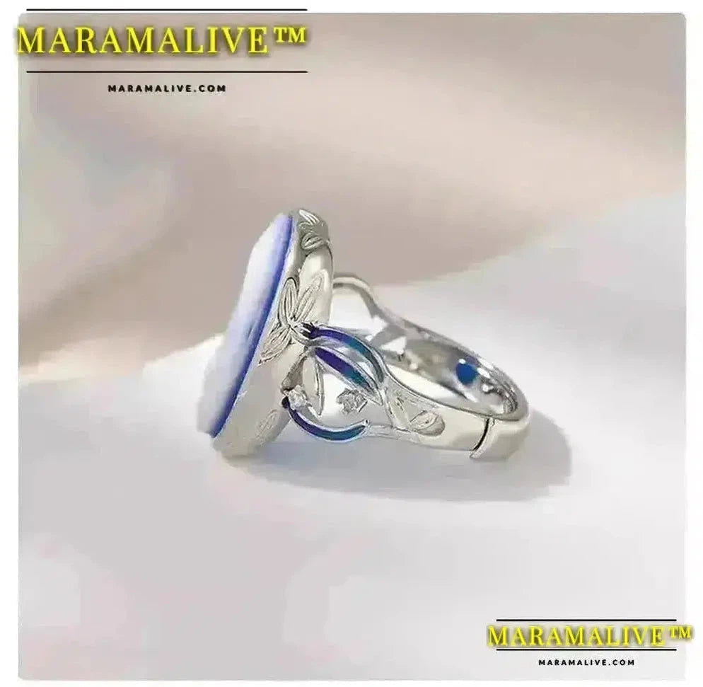 Maramalive™ Cameo Rings for Women Natural Blue Agate Girl's Face White Shell S925 Sterling Silver Oval Finger Ring Statement Jewelry