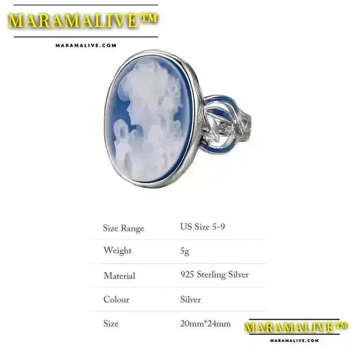 Maramalive™ Cameo Rings for Women Natural Blue Agate Girl's Face White Shell S925 Sterling Silver Oval Finger Ring Statement Jewelry