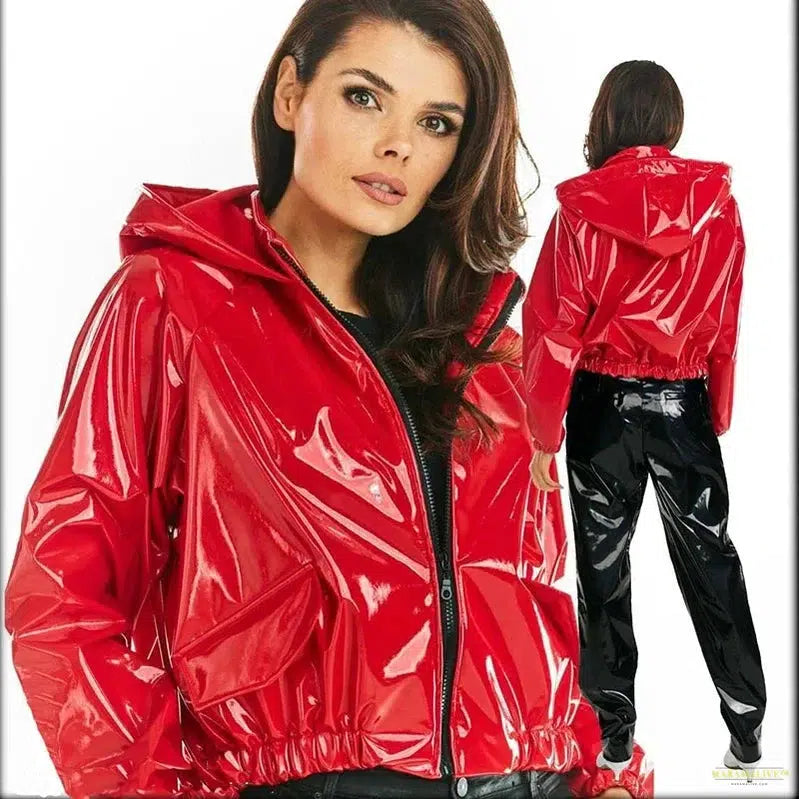 Maramalive™ Casual PVC Latex Leather Jacket Women Shiny Patent Leather Long Sleeve Short Coats Ladies Sweatshirts Coat Clubwear Loose Custom