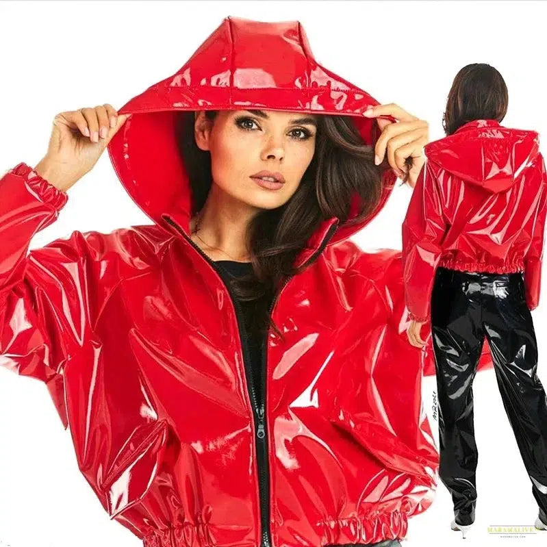 Maramalive™ Casual PVC Latex Leather Jacket Women Shiny Patent Leather Long Sleeve Short Coats Ladies Sweatshirts Coat Clubwear Loose Custom