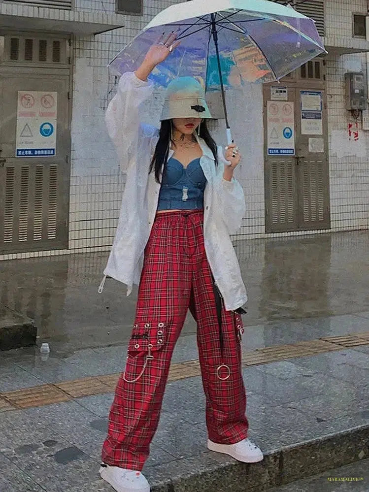 Maramalive™ Checked Trousers Women Japanese Streetwear Punk Cargo Pants Women Hippie Chain Harajuku Indie Y2K Aesthetic Hip Hop