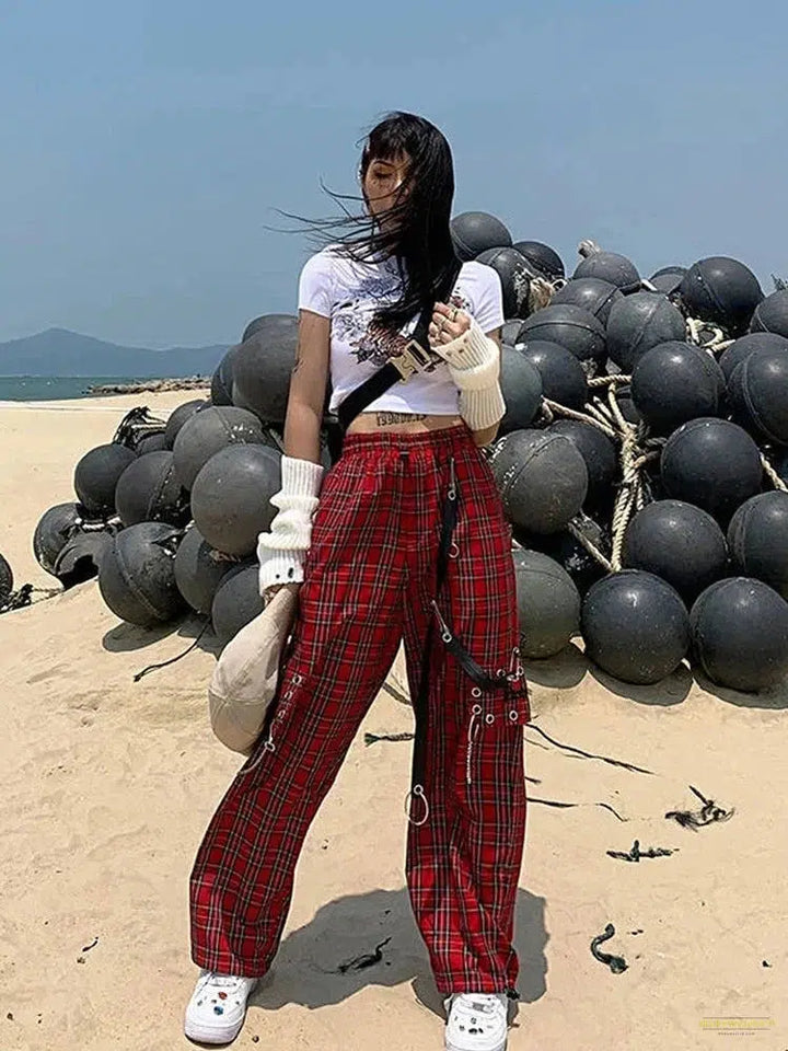 Maramalive™ Checked Trousers Women Japanese Streetwear Punk Cargo Pants Women Hippie Chain Harajuku Indie Y2K Aesthetic Hip Hop