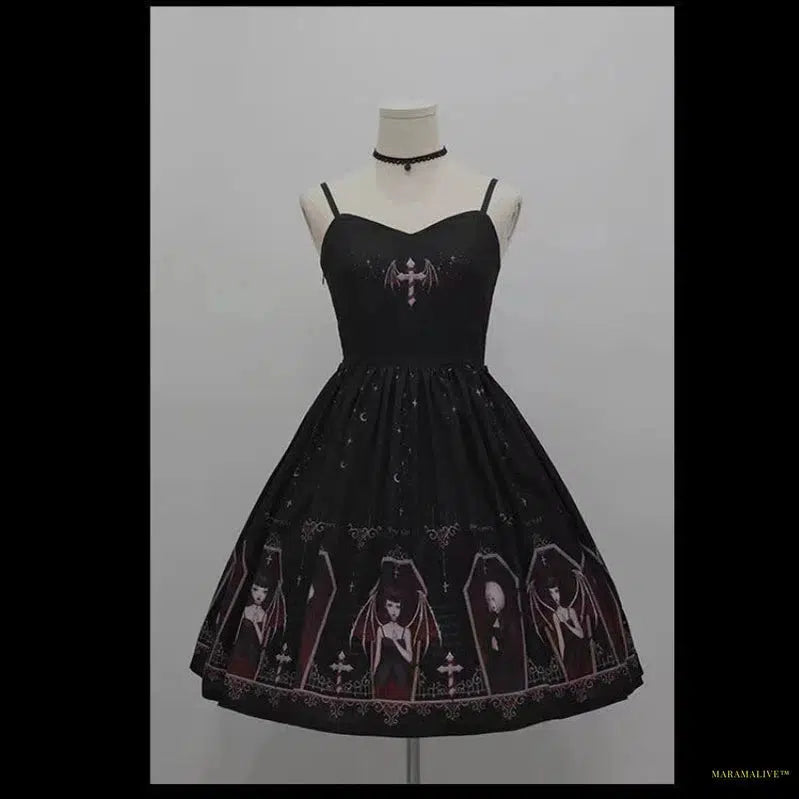 Maramalive™ Dark Gothic Devil Print Dress Black Japanese Style Lolita Jsk Victorian Suspender Dress Loli Sexy Sweet Goth Bandage Dresses