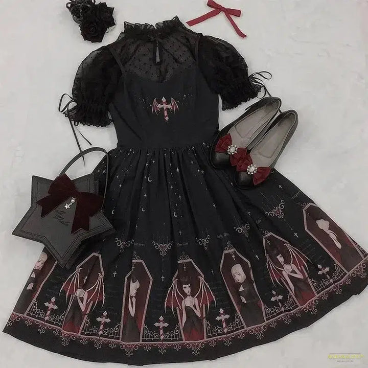 Maramalive™ Dark Gothic Devil Print Dress Black Japanese Style Lolita Jsk Victorian Suspender Dress Loli Sexy Sweet Goth Bandage Dresses