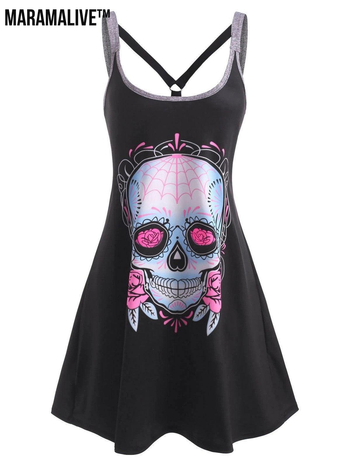 Maramalive™ Day of the Dead Dress: Skull Printed Sling Style