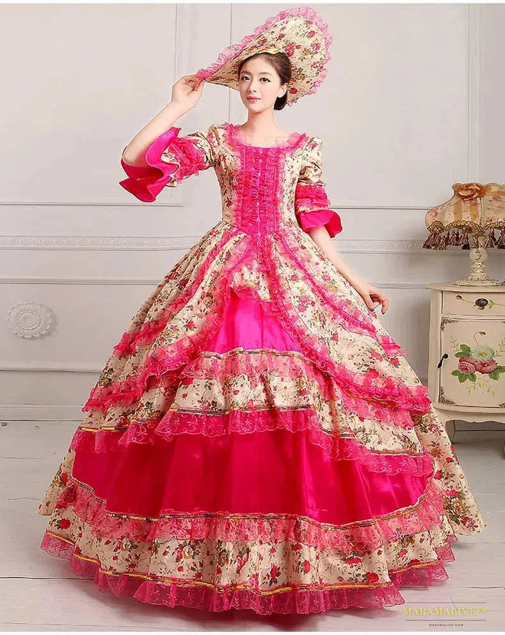 Maramalive™ Deluxe 18th Century Coronation Ball Gown - Victorian-Medieval Cosplay Dress with Hat for Halloween and Party