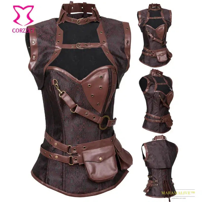 Maramalive™ Dramatic Purple Brocade Steampunk Overbust Corset & Jacket Set - Plus Size Gothic Waist Slimmer