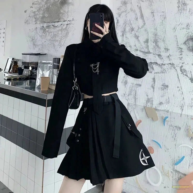 Maramalive™ EMO Gothic Cargo Shirt Suit Egirl Punk Chain Ribbon Skirts Goth Dress Autumn Streetwear Harajuku Black Grunge Aesthetic Clothes