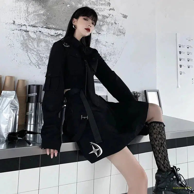 Maramalive™ EMO Gothic Cargo Shirt Suit Egirl Punk Chain Ribbon Skirts Goth Dress Autumn Streetwear Harajuku Black Grunge Aesthetic Clothes