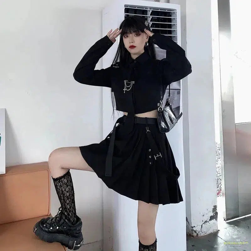 Maramalive™ EMO Gothic Cargo Shirt Suit Egirl Punk Chain Ribbon Skirts Goth Dress Autumn Streetwear Harajuku Black Grunge Aesthetic Clothes