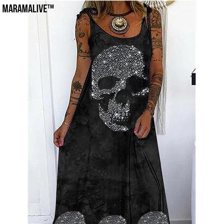 Maramalive™ Edgy Elegance - Punk Skull Print Loose Plus Size Lace-up Dress