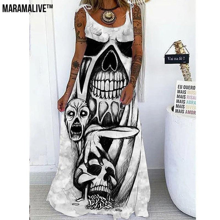 Maramalive™ Edgy Elegance - Punk Skull Print Loose Plus Size Lace-up Dress