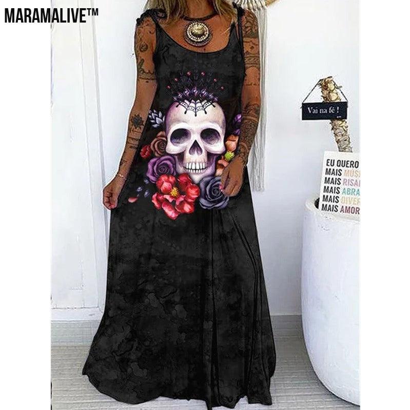 Maramalive™ Edgy Elegance - Punk Skull Print Loose Plus Size Lace-up Dress