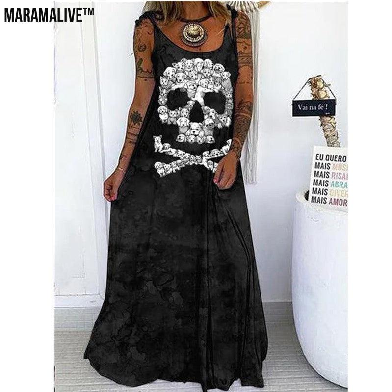 Maramalive™ Edgy Elegance - Punk Skull Print Loose Plus Size Lace-up Dress