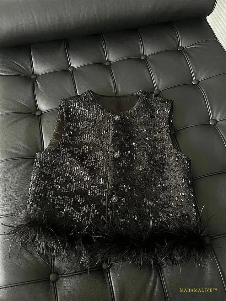 Maramalive™ Exquisite French-Style Sleeveless Waistcoat Woolen Jacket – Elegant Black Feather Sequins Vest Coat - Handmade Autumn and Winter Attire