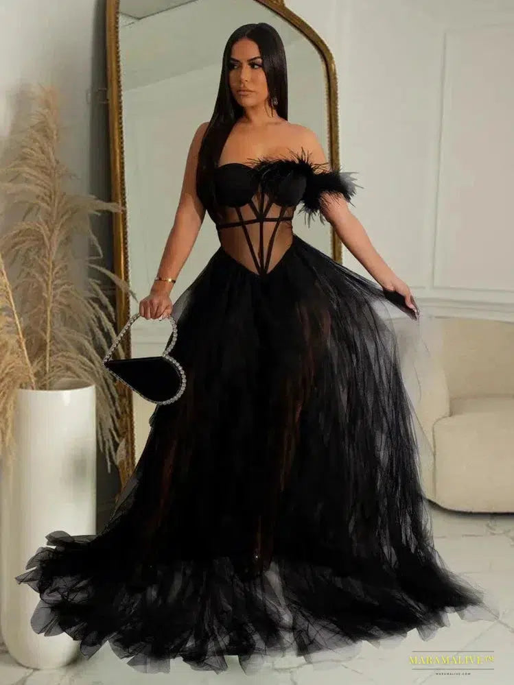 Maramalive™ Exquisite Handmade Ruffles Chiffon Feather Maxi Dress - Elegant Sheer Mesh Corset Long Party Gown & Birthday Outfits