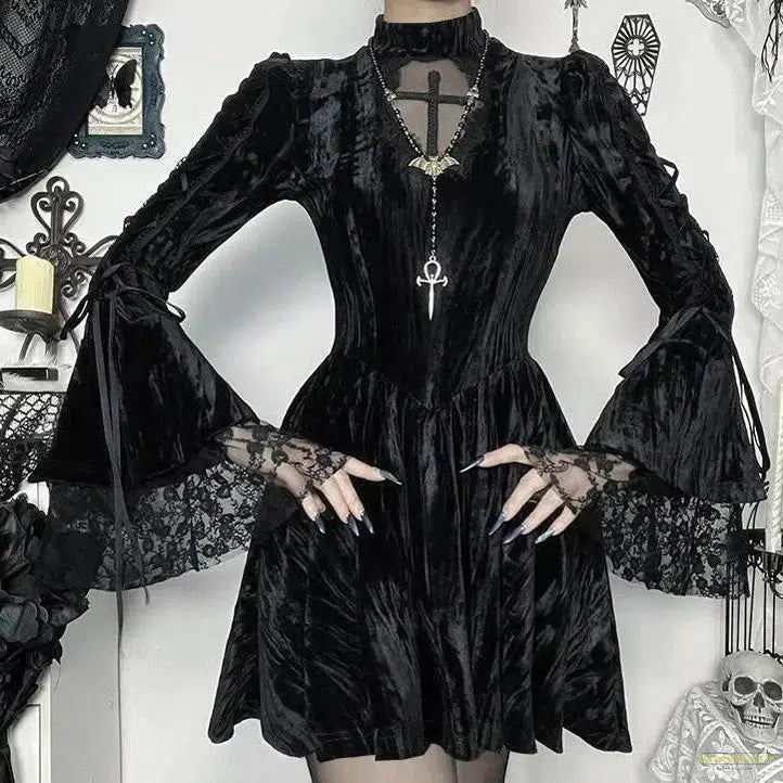 Maramalive™ Fairycore Gothic Dress Women Aesthetic Lace Patchwork Flare Sleeve High Waist Dress Halloween Dark Partywear