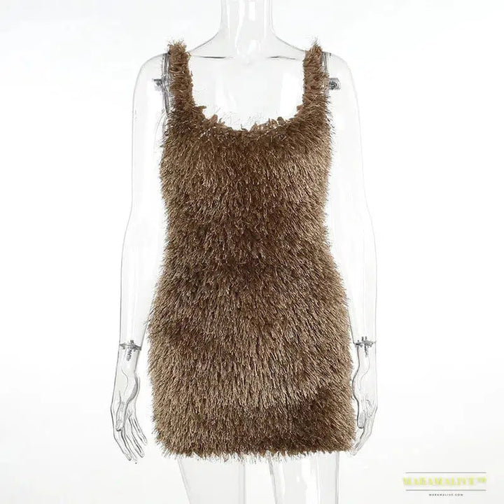 Maramalive™ Furry Slip Solid Slim Bodycon Mini Dress - A Unique Streetwear for Party and Halloween Costume