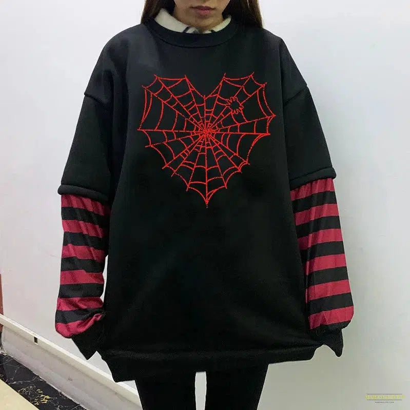 Maramalive™ GIRL Sweet Women Goth Harajuku Black Long Sleeve Fake Two-piece Spider web Japanese Punk Streetwear Alt E-Girl sweatshirt