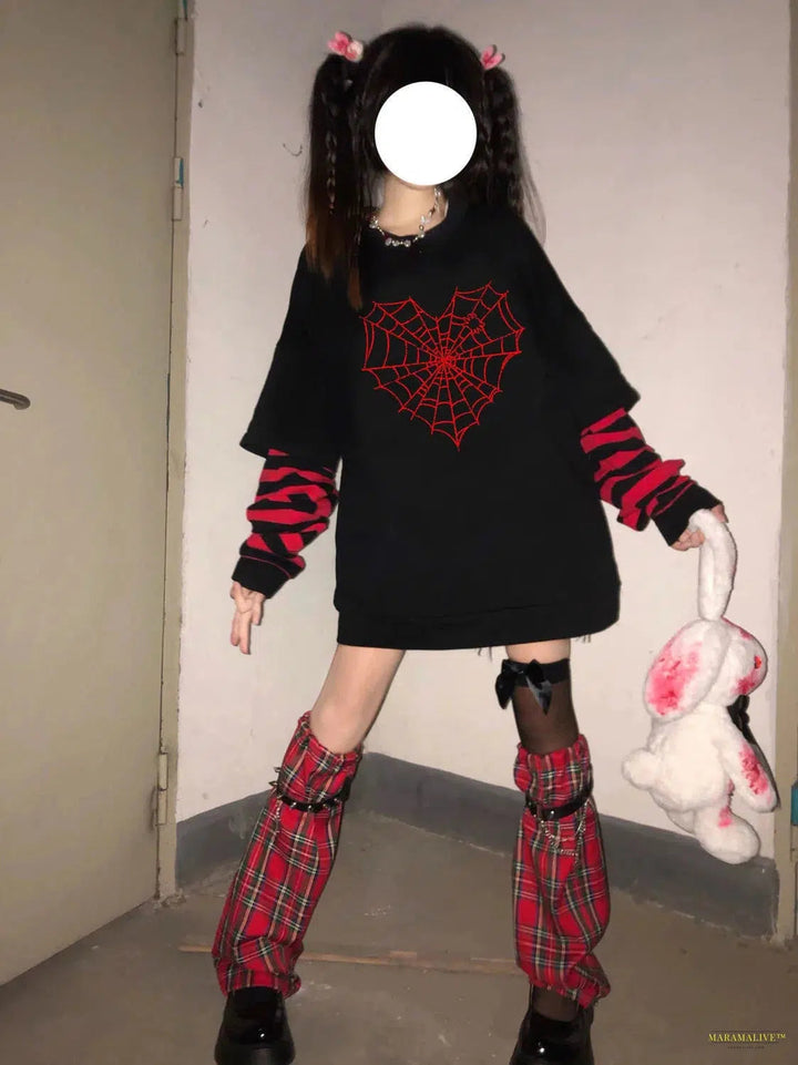 Maramalive™ GIRL Sweet Women Goth Harajuku Black Long Sleeve Fake Two-piece Spider web Japanese Punk Streetwear Alt E-Girl sweatshirt