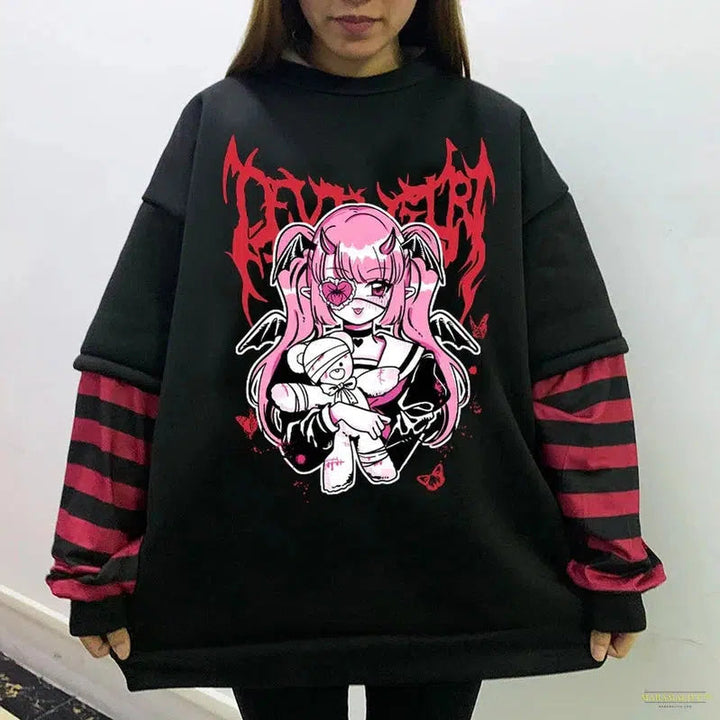 Maramalive™ GIRL Sweet Women Goth Harajuku Black Long Sleeve Fake Two-piece Spider web Japanese Punk Streetwear Alt E-Girl sweatshirt