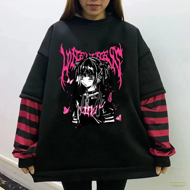 Maramalive™ GIRL Sweet Women Goth Harajuku Black Long Sleeve Fake Two-piece Spider web Japanese Punk Streetwear Alt E-Girl sweatshirt