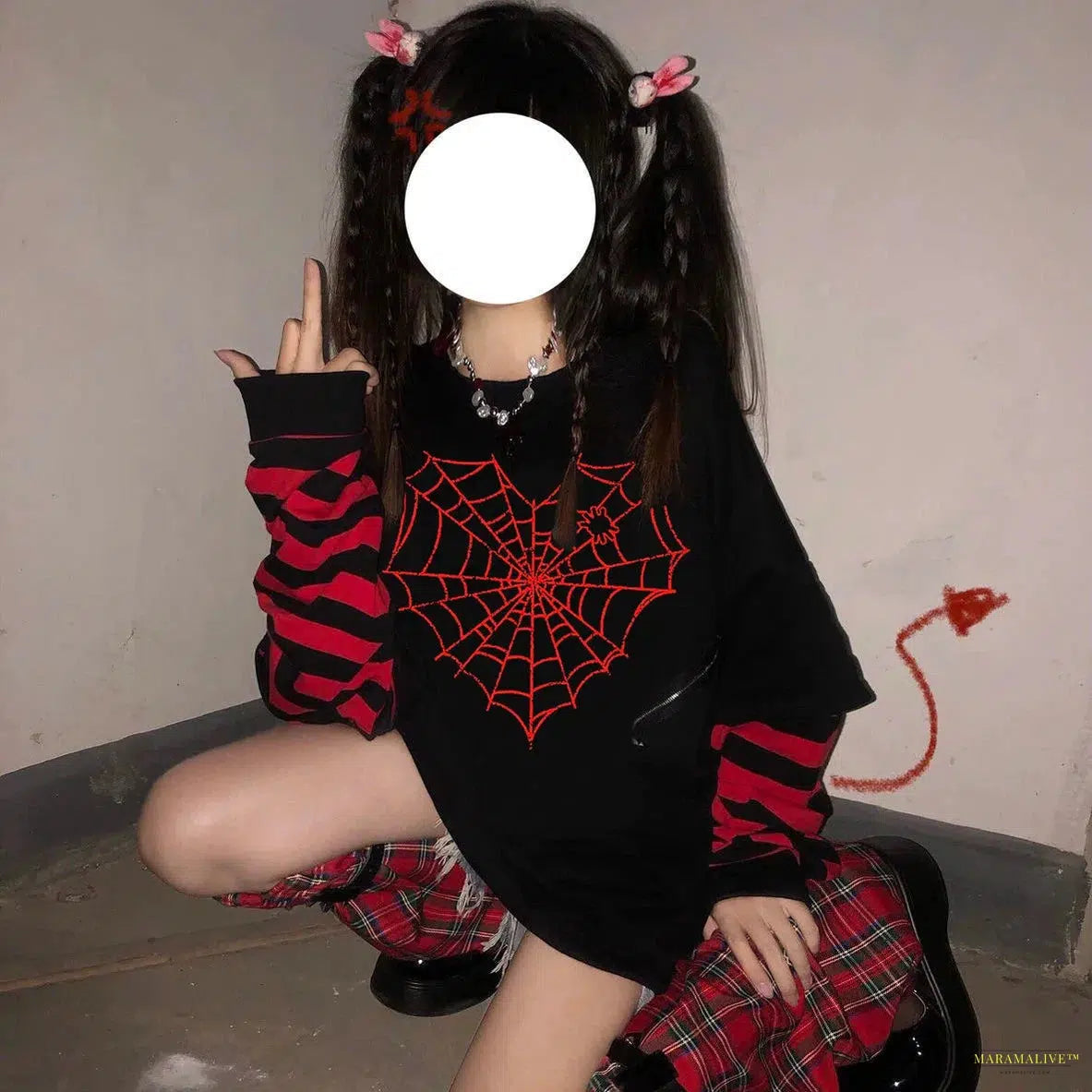 Maramalive™ GIRL Sweet Women Goth Harajuku Black Long Sleeve Fake Two-piece Spider web Japanese Punk Streetwear Alt E-Girl sweatshirt