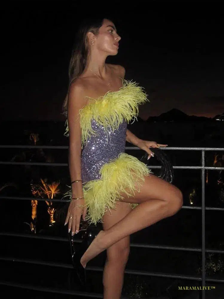 Maramalive™ Glamorous Sequins and Feather Patchwork Handmade Mini Party Dress - Costume for Clubs and Parties