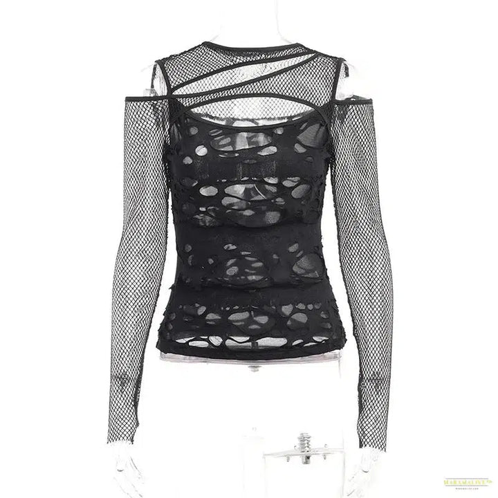 Maramalive™ Goth Dark Frayed Mall Gothic Hollow Out T-shirts Grunge Punk Fishnet Patchwork Women Blouses Sexy Long Sleeve Alt Streetwear Top