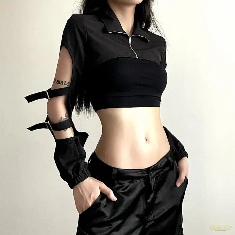 Maramalive™ Goth Dark Hollow Out Techwear Fashion Cargo Cardigans Cyber Gothic Zip Up Sexy Crop Jackets Y2k Punk Turtleneck Streetwear Tops