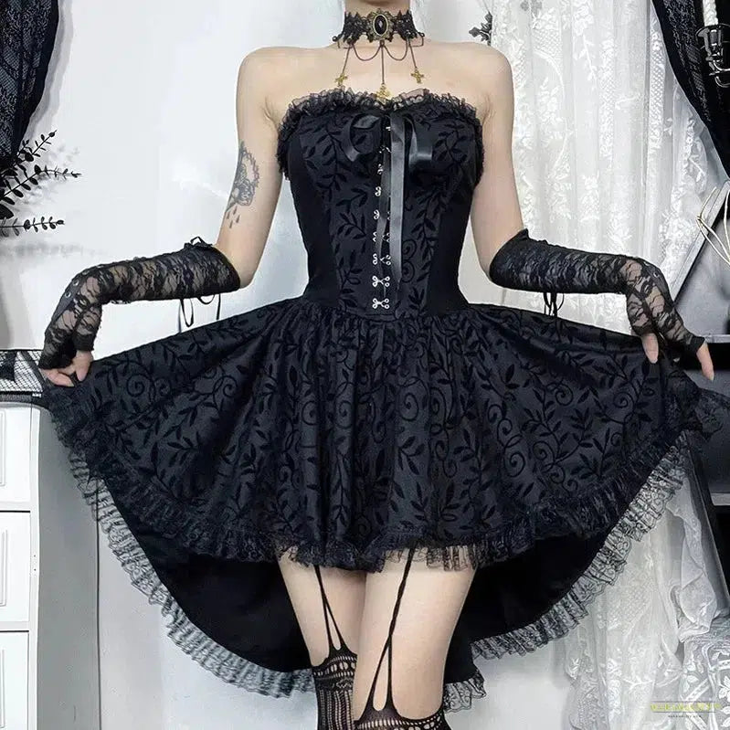 Maramalive™ Goth Dark Lace Patchwork Bandage Strapless Corset Dress Mall Gothic Party Ball Gown Fairy Hotsweet Backless Tailed Dresses Women