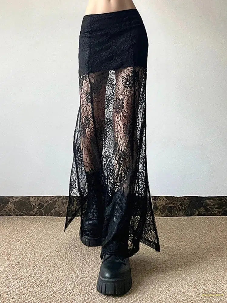 Maramalive™ Goth Fairy Grunge See Through Skirt Women Streetwear Dark Gothic Lace Patchwork High Waist Skirt Coquette Y2k E-girl Skirts