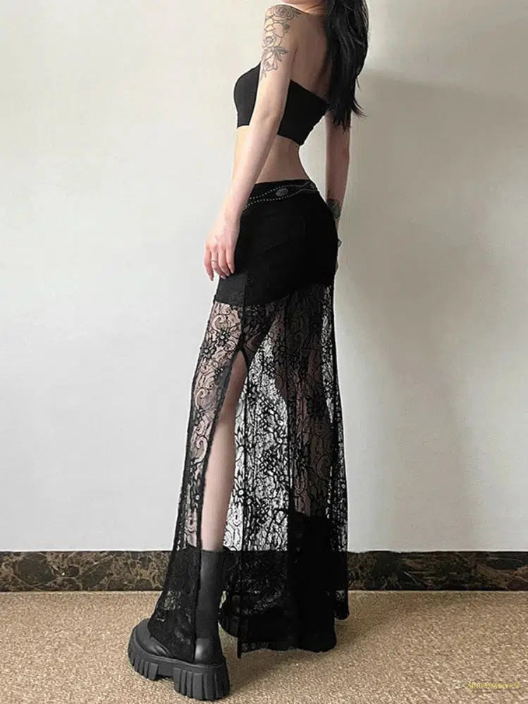 Maramalive™ Goth Fairy Grunge See Through Skirt Women Streetwear Dark Gothic Lace Patchwork High Waist Skirt Coquette Y2k E-girl Skirts