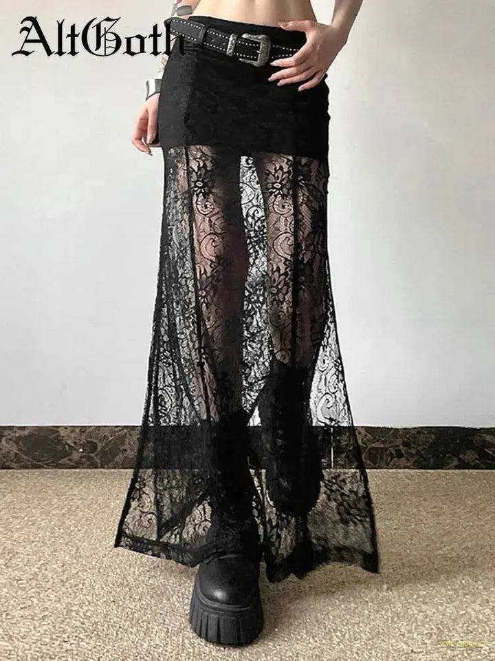 Maramalive™ Goth Fairy Grunge See Through Skirt Women Streetwear Dark Gothic Lace Patchwork High Waist Skirt Coquette Y2k E-girl Skirts