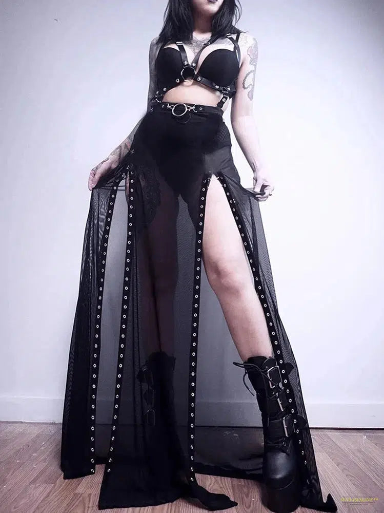 Maramalive™ Goth Mesh Long Skirt Women Streetwear Punk Sexy Vintage High Waist Split Skirt Harajuku Nightclub See Through Skirt